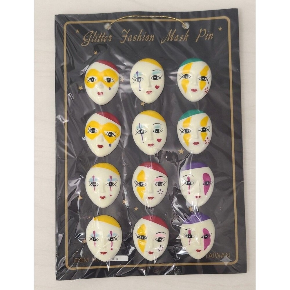 Vintage Pierrot Pierrette Mask Fashion Pins Set 12 Brooches Display Cardp
